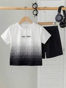 SHEIN 2pcs/Set Boys' Letter Print Ombre Short Sleeve T-Shirt And Shorts Casual Outfit,Kids - Multicolor - View 6