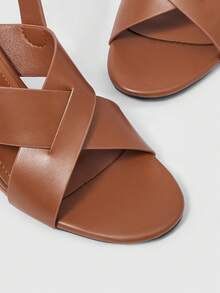 Sleekvia 新款棕色圆头粗跟露趾时尚爆款木纹交叉绑带女式高跟凉鞋 - 棕色 - 查看 10