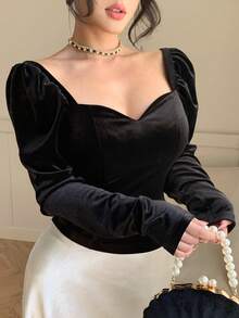 DAZY 女款純色甜心領泡泡袖修身優雅長袖襯衫 - 黑色 - 查看 4