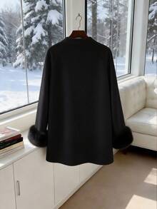 Franclia Áo khoác nữ cỡ lớn màu trơn, cổ thắt nút, phối họa tiết lông xù ở cổ tay, chất liệu len pha, thanh lịch, thích hợp cho mùa Thu/Đông. - màu đen - Xem 2