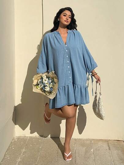 Sunnyshic Plus Size Women's Denim Shirt Dress, Drawstring Waist, Puff Sleeves, Tie V-Neck, Blue Washed Casual Loose Ruffle Hem Cowgirl Outfits