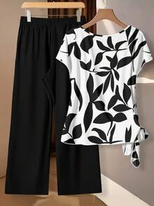 SHEIN Clasi Bộ đồ 2 mảnh phong cách cổ điển thanh lịch, đa năng, màu trắng ấm áp với họa tiết hoa đen, áo tay ngắn cổ tròn dáng rộng có nơ buộc và quần ống đứng, thoải mái cho mùa thu/đông, thích hợp cho công sở. - Nhiều màu - Xem 2