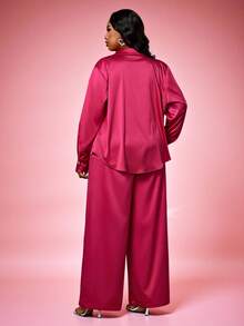 Truni 大码女式宽松紫红色长袖衬衫长裤套装，带口袋和纽扣细节，适合约会、派对、通勤等场合，梨形身材适用，也适合梨形和三角形身材。 - 玫紅色 - 查看 6