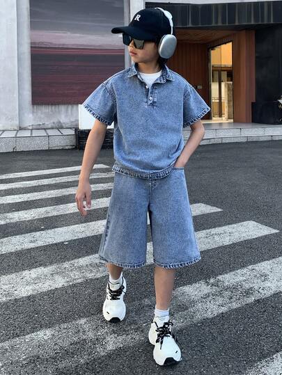 Little Byeori 2Pcs Tween Boy Fashion Casual Y2k Vintage Cool Street Blue Denim Shirt Collar Design Short-Sleeved Top And Comfortable Loose-Fitting Denim Shorts Set Of Two Pieces For Kids Clothes Tween Boy Dailywear And Kids Spring To Summer Rave Outfits Festival And Outfits Streetwear Clothes