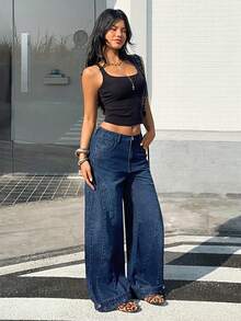 SHEIN EZwear Women's Solid Color Casual Jeans - Blue - View 5