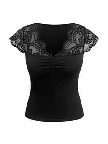 SHEIN PETITE Petite Women Lace Patchwork Deep V-Neck Slim Fit T-Shirt - Black - View 1
