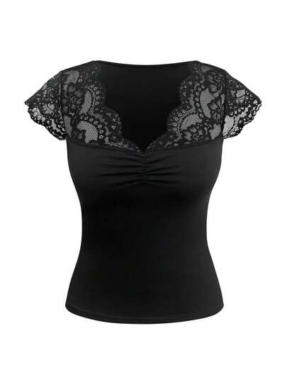 SHEIN PETITE Koszulka damska Petite z koronką i głębokim dekoltem w serek, dopasowana do sylwetki