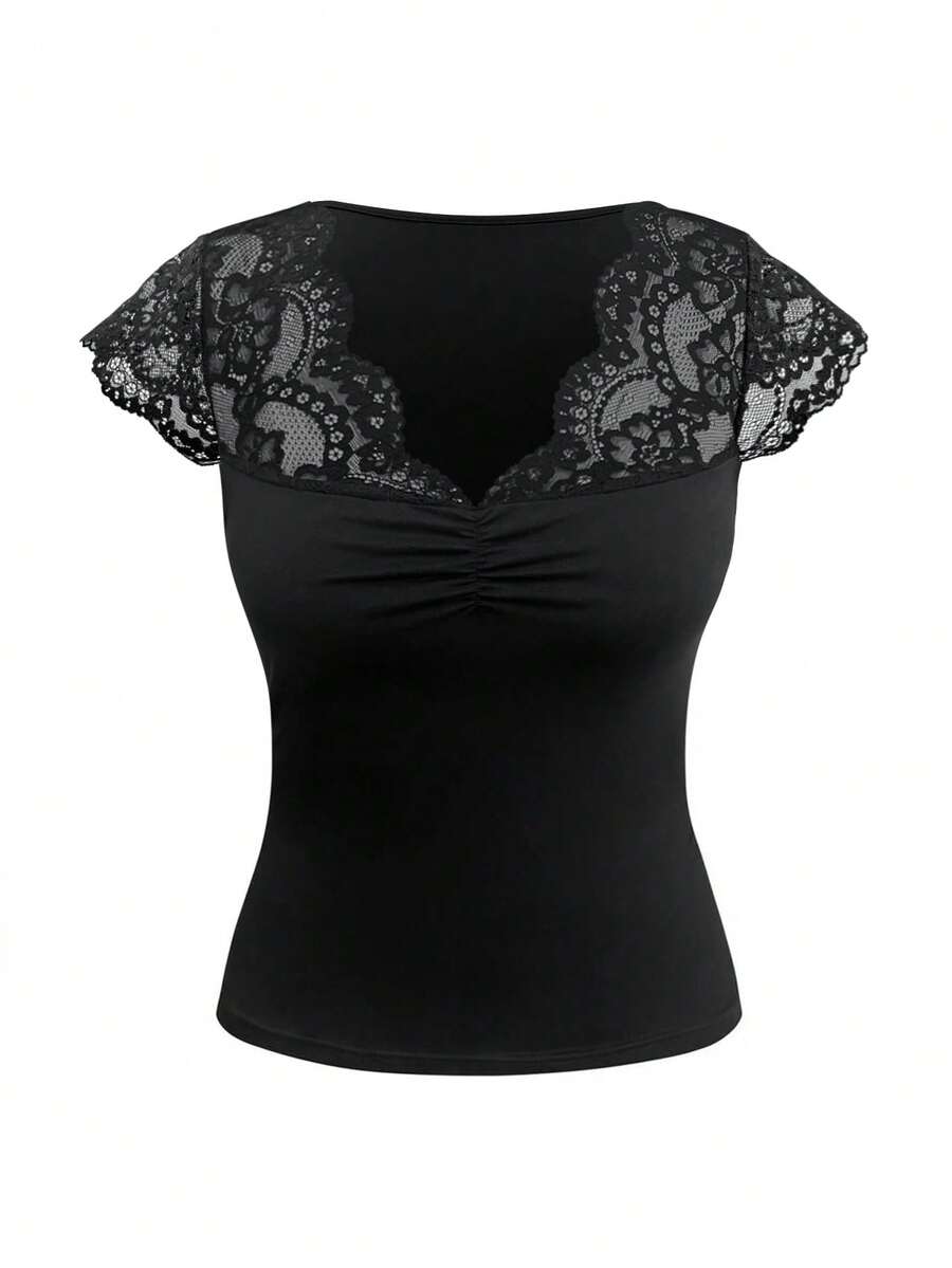 SHEIN PETITE Petite Women Lace Patchwork Deep V-Neck Slim Fit T-Shirt - Black - View 1
