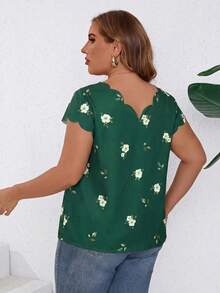 Reflora Camisa de verano de talla grande con ribete de concha y estampado tejido - Verde Oscuro - Ver 2