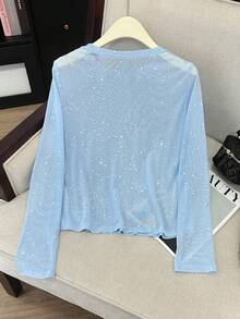 Franclia Spandex Foil Printed Crew Neck Casual Pullover Top - Baby Blue - View 2