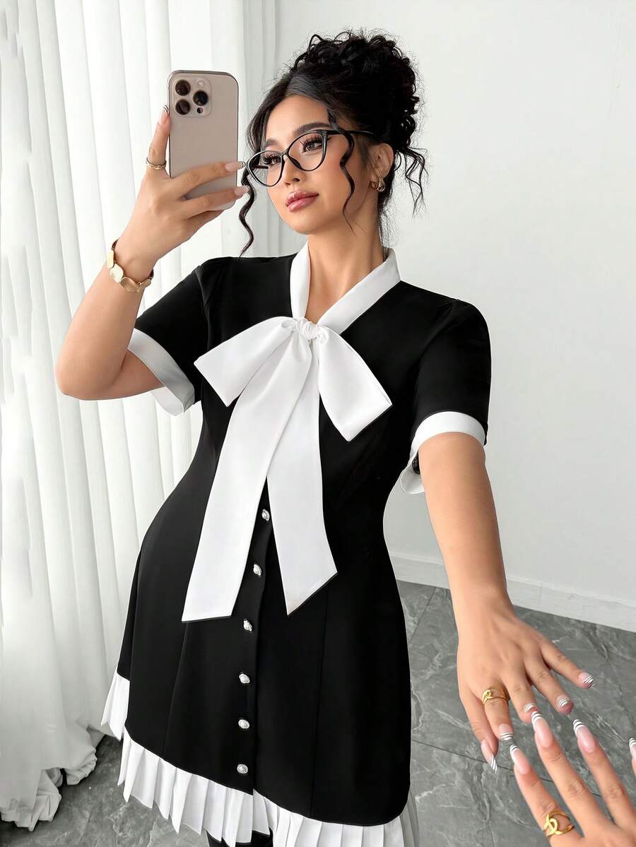 Elenzga 大码优雅通勤扭领前扣短袖连衣裙 - 黑與白 - 查看 1