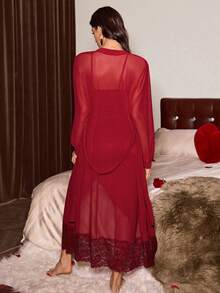 2pcs Mature & Sexy Camisole Dress & Robe Sleepwear Set For Women - Burgundy - View 2