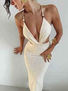 Firerie 女士白色提花串珠系带露背修身开衩连衣裙，性感度假连衣裙，春夏服装，沙滩装，通勤装，优雅，性感，度假，海滩，波西米亚风，夏威夷，音乐节，浪漫，约会装 - 杏色 - 查看 1