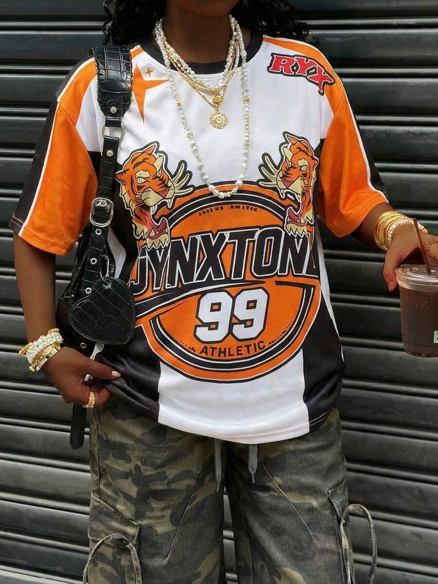 Rovax 复古美式老虎印花短袖针织衫，撞色宽松运动女式T恤 - 白色 - 查看 1