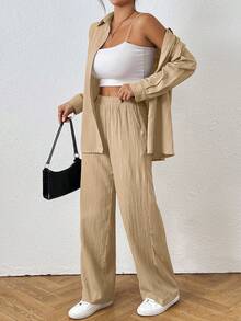 SHEIN PETITE Women's Solid Color Long Sleeve Single-Breasted Shirt And Pants Casual 2 Pieces Set - Mustard Yellow - View 3