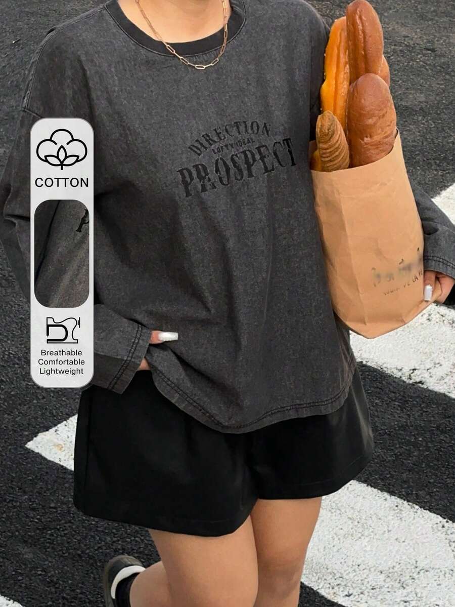 Dazy Plus Áo thun cổ tròn thêu chữ cổ điển dành cho nữ cỡ lớn, phong cách đường phố thường ngày, cỡ lớn, mùa thu/đông - Màu xám đen - Xem 1