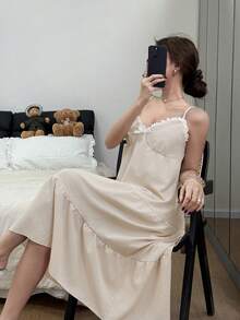 SHEIN Women's Lace Trim V-Neck Camisole Nightgown - Baby Pink - View 3