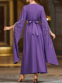 Layrah Túnica larga turca de cuello redondo, bordada a mano con cuentas y adornos de strass, color púrpura - Morado - Ver 2