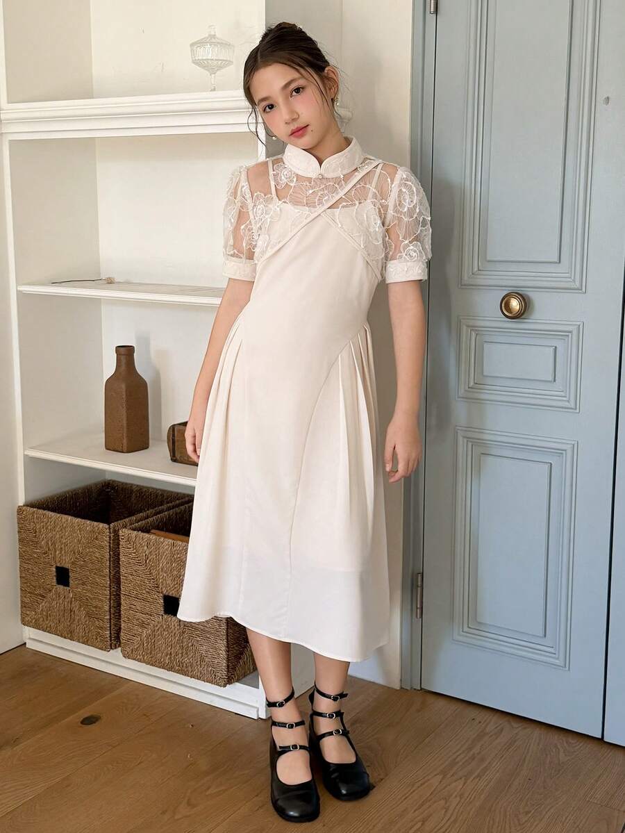 Dazy Kids Tween Girl Lace Patchwork Sheer Elegant Short Sleeve Dress - Apricot - View 1