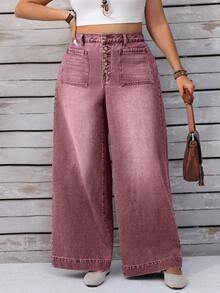 EMERY ROSE Plus Size Women Casual Vacation Daily Commute Fashion Street Button Fly Washed Loose Wide Leg Jeans - Dusty Pink - View 5