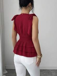 Elenzga 新款女士V领蝴蝶结系带纯色纹理编织面料多层荷叶边优雅精致年轻百搭修身女式衬衫 - 酒紅色 - 查看 2