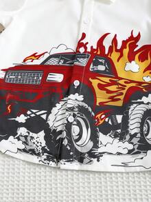 SHEIN 1 Peça Camisa de Manga Curta com Estampa de Carro Cartoon Macia, Versátil, Estilosa e Confortável para Meninos Jovens, Adequada para Primavera/Verão - Branco - Visão 6