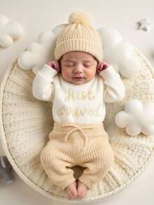 SHEIN 3件套婴儿医院入院公告服，适合1-3个月宝宝，针织上衣和裤子，含帽子，新生儿拍照道具，中性婴儿回家服 - 黃色 - 查看 4