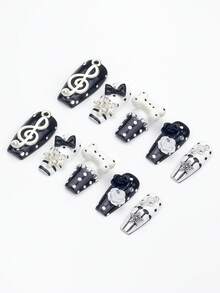 ROMWE Anime 10 Music Notes, Fake Nail Pads And A Piece Of Double-Sided Tape - Black and White - View 5