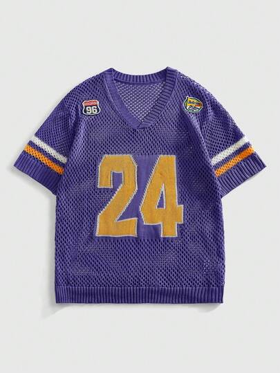 ROMWE MEN Men's V-Neck Football Inspired Knit Sweater, Street Fashion