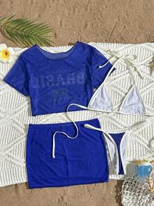 Swim SXY Bộ bikini 4 món dành cho nữ, in chữ và phối màu, bao gồm áo croptop, quần short, chân váy và đồ bơi. - Nhiều màu - Xem 4