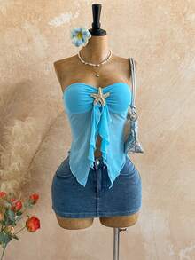 Soleia Áo dự tiệc mùa lễ hội dành cho nữ, kiểu dáng gợi cảm, phong cách nghỉ mát bãi biển, màu trơn, trang trí sao biển kim loại, vạt áo bất đối xứng, kiểu quây ngực. - Màu xanh lam - Xem 1