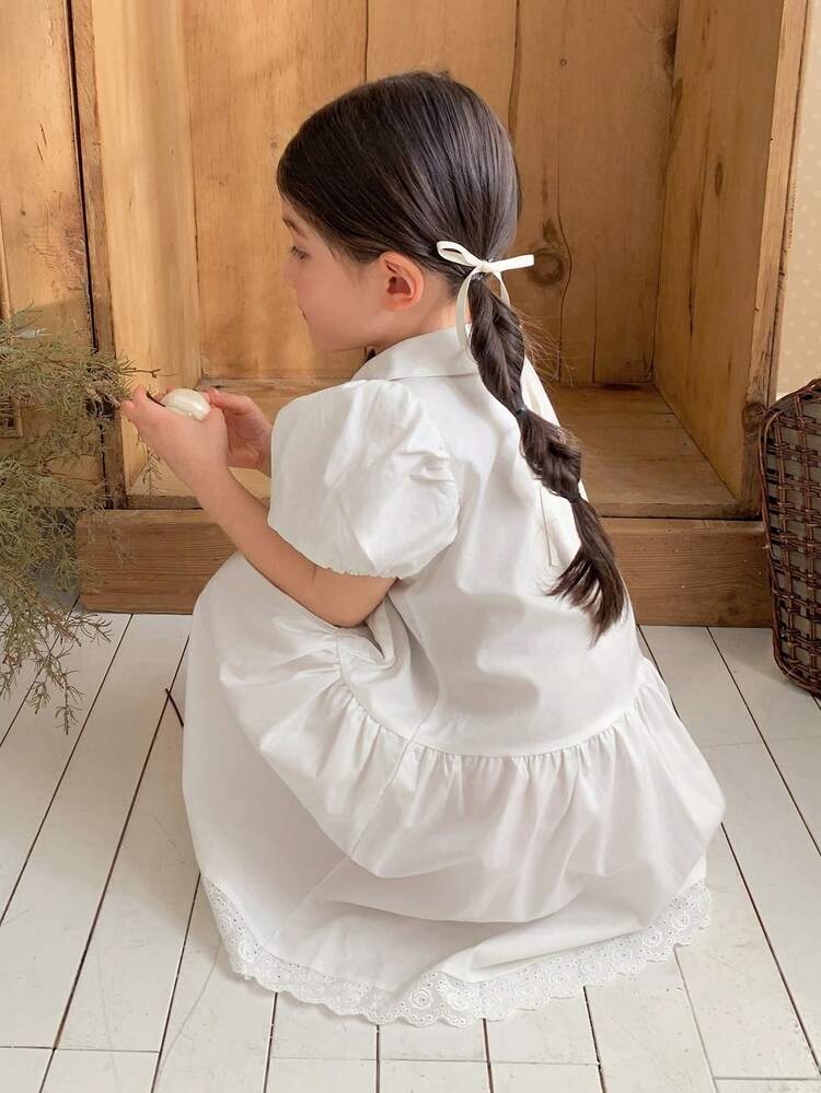 Young Girl Peter Pan Collar Short Puff Sleeve Button Design Cute Dress