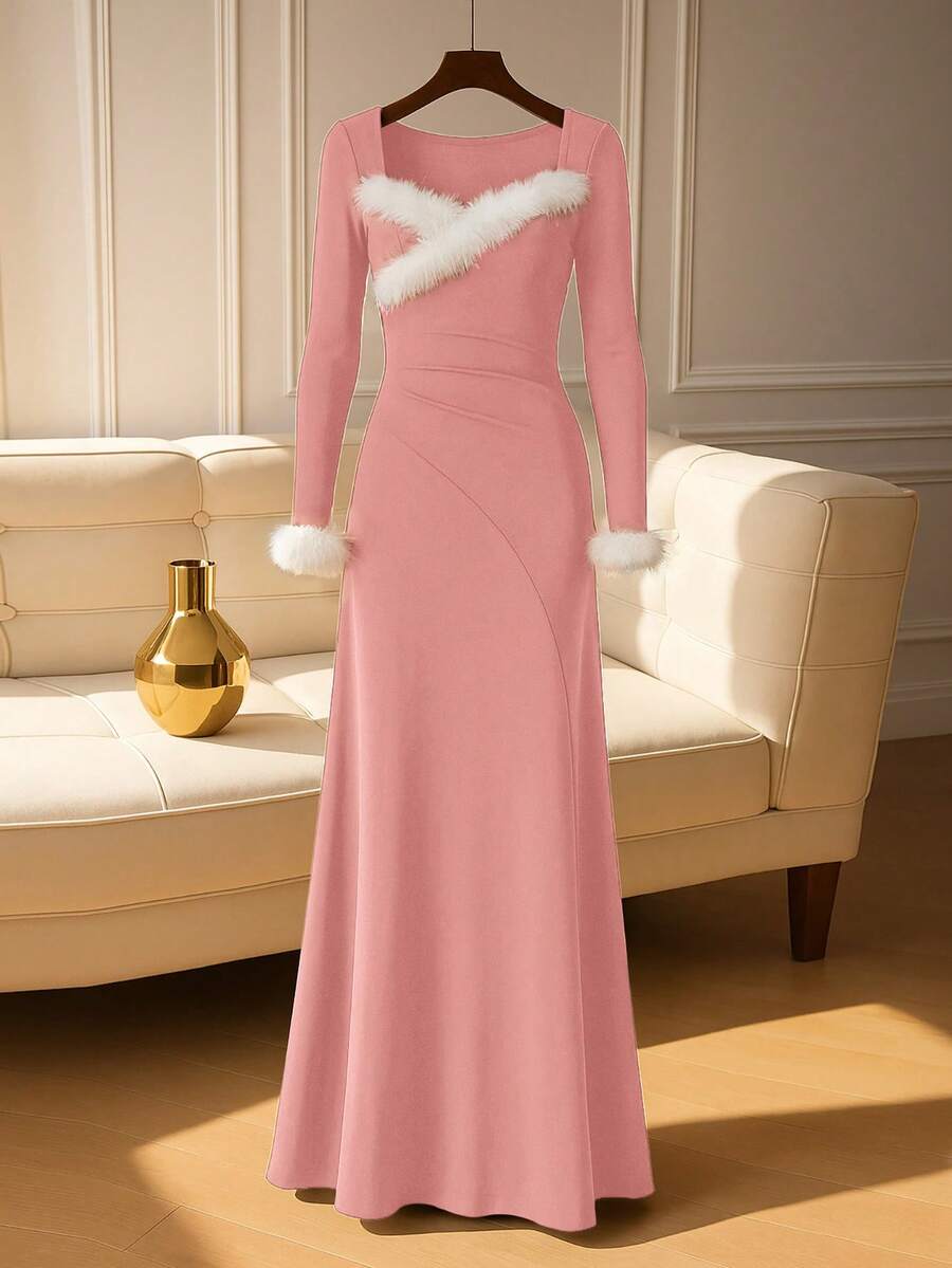 SHEIN LUNE Women's Solid Color Fuzzy Heart Collar Long Sleeve Elegant Dress - Pink - View 1