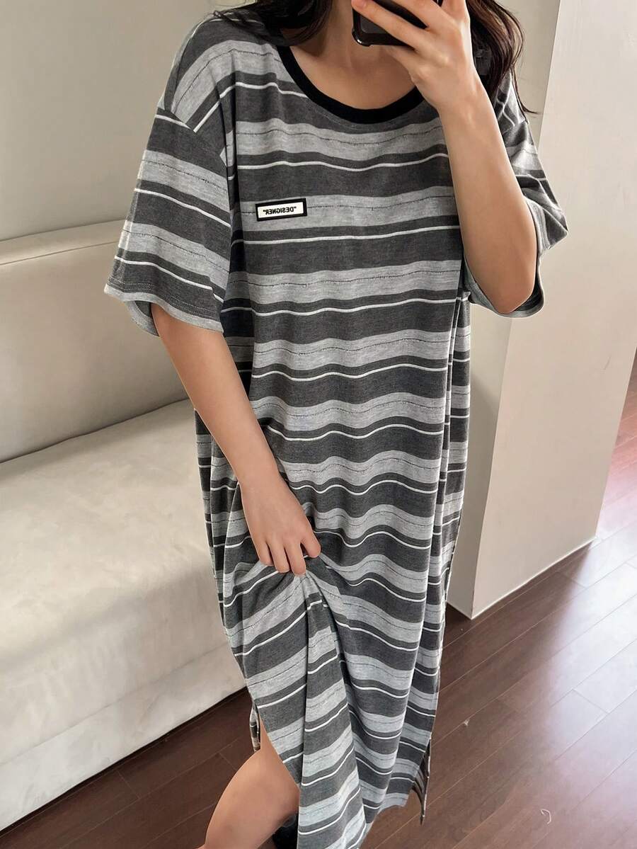 DAZY Striped Pattern Loose Short Sleeve T-Shirt & Long Dress Women Loungewear Set - Grey - View 1