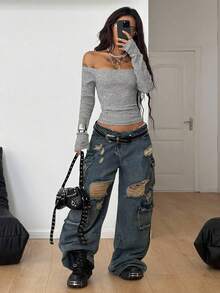 Coolane Camiseta de manga larga con hombros descubiertos a rayas grises y negras de punto para uso diario y salidas de las mujeres - Gris - Ver 4