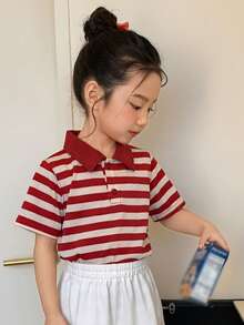 DAZY 女童条纹短袖 Polo 领休闲 T 恤 - 紅色 - 查看 6