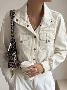 Livesso Women's Casual Denim Collared Blouse With Waist Cinching - Beige - View 5