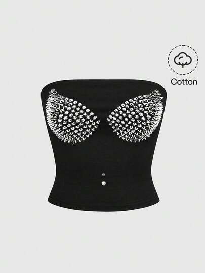 ROMWE Grunge Punk 朋克摇滚音乐节铆钉仿印花性感复古露脐女式上衣