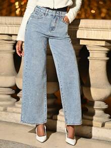 Mima John MOD 女士休闲日常常规款牛仔裤、女士牛仔裤、女士宽松牛仔裤、女牛仔、圣帕特里克节、女士街头服饰、闪亮宽松牛仔裤、阔腿裤 - 中等水洗藍 - 查看 5