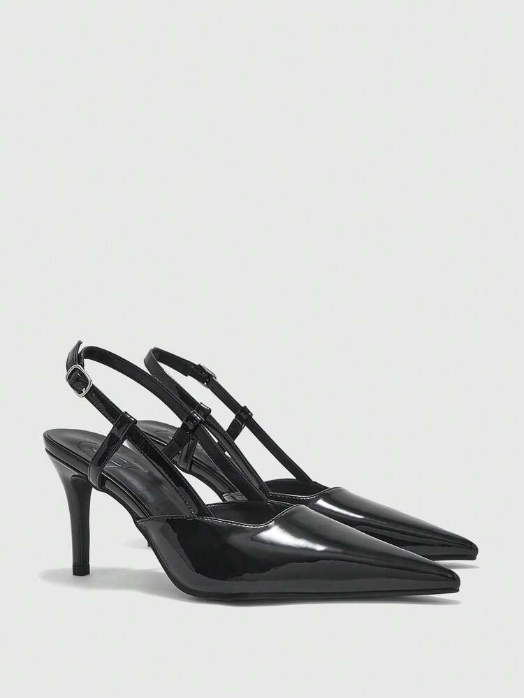 CUCCOO BIZCHIC Women Shoes Spring And Autumn New Black Mirror Embossed Pointed Toe Thin Heel High Heel Slingback Low Vamp Women's High Heel Shoes Slingback Shoes Daily Versatile Commuter Office Workers Business Dinner Party Wear Women's Shoes Spring Shoes