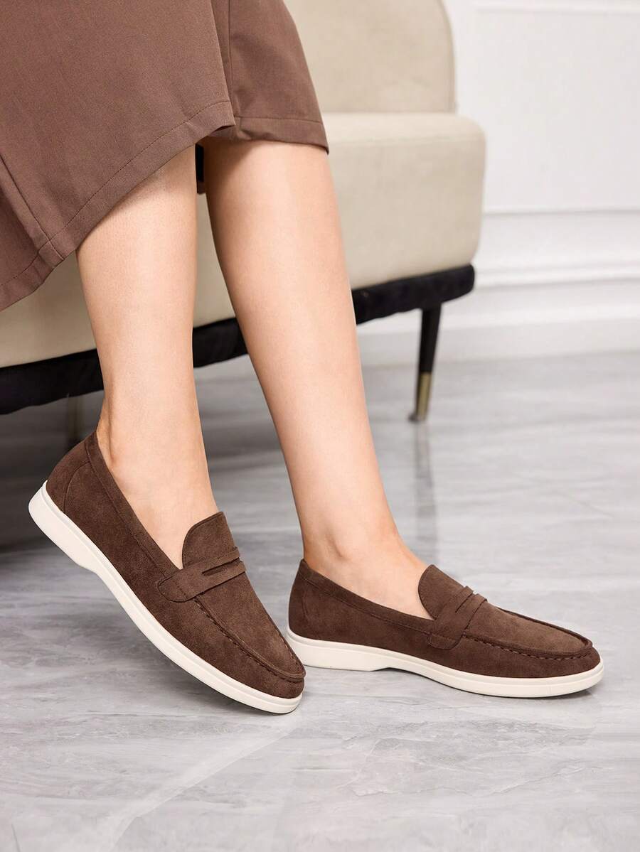 Sleekvia 2025新款套脚乐福鞋，舒适平底鞋，英伦风麂皮内衬女鞋 - 棕色 - 查看 1