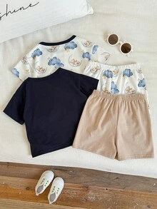 SHEIN 4pcs Set Piyama Bayi Laki-laki/Perempuan Motif Beruang Lucu, Cocok untuk di Rumah, Pakaian Sehari-hari dan Jalan-jalan, Cocok untuk Musim Semi/Panas - Navy Blue - View 3
