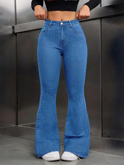 SHEIN PETITE Women's Pocket Button Casual Versatile Daily Wear Flared Jeans