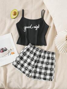 SHEIN 少女标语印花吊带背心和格子短裤睡衣套装 - 黑與白 - 查看 1