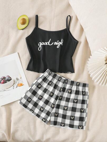 SHEIN 少女标语印花吊带背心和格子短裤睡衣套装