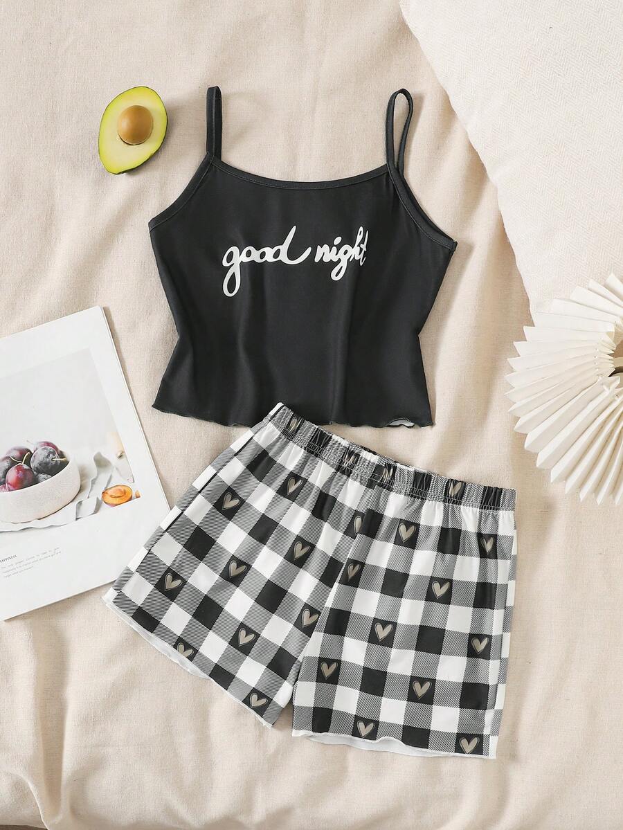 SHEIN 少女标语印花吊带背心和格子短裤睡衣套装 - 黑與白 - 查看 1