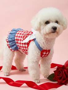 PETSIN Red & White Gingham Pet Dress With 'Heart Patch - Bow Collar & Ruffled Hem Dog Outfit, Cute Casual Summer Dress For Small Dogs & Cats - pink and blue - View 2