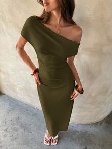 Aloruh Women's Commuting, Casual, Office Ruched Bodycon Mid-Length Dress, Spring/Summer - Army Green - View 4