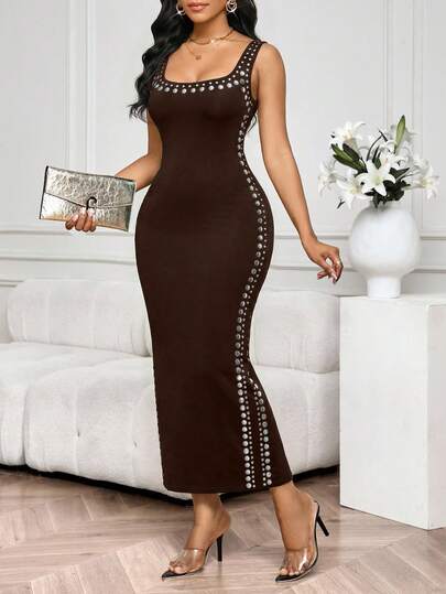 SHEIN Lady 女士夏季时尚铆钉细节开衩中长连衣裙