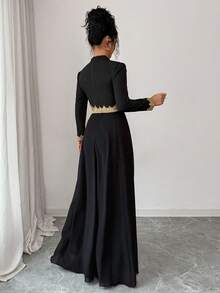 Rafferiza Women's Black Long Chiffon Patchwork Gold Lace Trim Long Sleeve Dress - Black - View 2